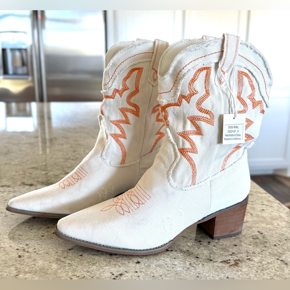 White Denim Western Heeled Boots with Orange Embroidery